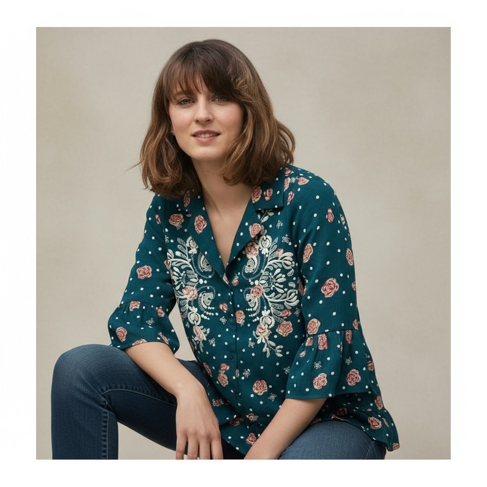Suzanne Betro Button Front Embroidered Floral Blouse Size S